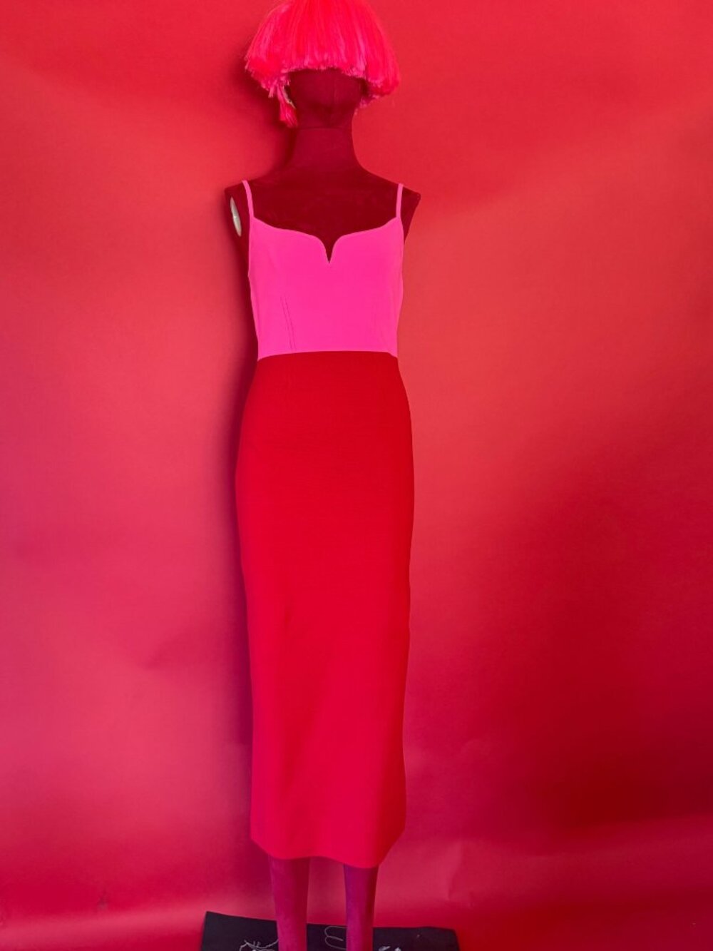 NWT Express Pink Red Color Block Sweetheart Knit Midi Dress S